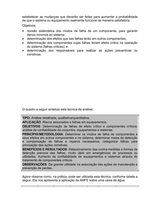 estabelecer as mudanças que deverão ser feitas para aumentar a probabilidade
de que o sistema ou equipamento realmente funcione de maneira satisfatória.
Objetivos:
•
•
•
•

revisão sistemática dos modos de falha de um componente, para garantir
danos mínimos ao sistema;
determinação dos efeitos que tais falhas terão em outros componentes;
determinação dos componentes cujas falhas teriam efeito crítico na operação
do sistema (falhas críticas); e
determinação dos responsáveis para realizar as ações preventivas ou
corretivas.

O quadro a seguir sintetiza esta técnica de análise:
TIPO: Análise detalhada, qualitativa/quantitativa.
APLICAÇÃO: Riscos associados a falhas em equipamentos.
OBJETIVOS: Determinação de falhas de efeito crítico e componentes críticos;
análise da confiabilidade de conjuntos, equipamentos e sistemas.
PRINCÍPIO/METODOLOGIA: Determinar os modos de falha de componentes e
seus efeitos em outros componentes e no sistema; determinar meios de detecção
e compensação de falhas e reparos necessários; categorizar falhas para
priorização das ações corretivas.
BENEFÍCIOS E RESULTADOS: Relacionamento das contra-medidas e formas de
detecção precoce das falhas, muito úteis em emergências de processos ou
utilidades. Aumento da confiabilidade de equipamentos e sistemas através do
tratamento de componentes críticos.
OBSERVAÇÕES: De grande utilidade na associação das ações de manutenção e
prevenção de perdas.
Agora observe como, na prática, pode ser utilizada esta técnica, conforme tabela a
seguir. Ela nos apresenta a aplicação da AMFE sobre uma caixa de água:

 