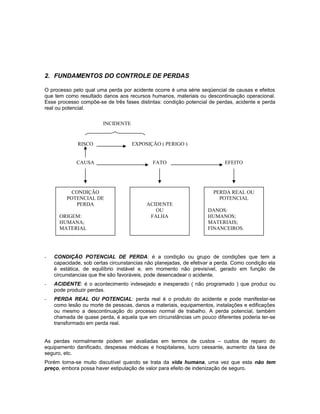 2. FUNDAMENTOS DO CONTROLE DE PERDAS
O processo pelo qual uma perda por acidente ocorre é uma série seqüencial de causas e efeitos
que tem como resultado danos aos recursos humanos, materiais ou descontinuação operacional.
Esse processo compõe-se de três fases distintas: condição potencial de perdas, acidente e perda
real ou potencial.
INCIDENTE

RISCO

EXPOSIÇÃO ( PERIGO )

CAUSA

FATO

CONDIÇÃO
POTENCIAL DE
PERDA
ORIGEM:
HUMANA;
MATERIAL

EFEITO

PERDA REAL OU
POTENCIAL
ACIDENTE
OU
FALHA

DANOS:
HUMANOS;
MATERIAIS;
FINANCEIROS.

-

CONDIÇÃO POTENCIAL DE PERDA: é a condição ou grupo de condições que tem a
capacidade, sob certas circunstancias não planejadas, de efetivar a perda. Como condição ela
é estática, de equilíbrio instável e, em momento não previsível, gerado em função de
circunstancias que lhe são favoráveis, pode desencadear o acidente.

-

ACIDENTE: é o acontecimento indesejado e inesperado ( não programado ) que produz ou
pode produzir perdas.

-

PERDA REAL OU POTENCIAL: perda real é o produto do acidente e pode manifestar-se
como lesão ou morte de pessoas, danos a materiais, equipamentos, instalações e edificações
ou mesmo a descontinuação do processo normal de trabalho. A perda potencial, também
chamada de quase perda, é aquela que em circunstâncias um pouco diferentes poderia ter-se
transformado em perda real.

As perdas normalmente podem ser avaliadas em termos de custos – custos de reparo do
equipamento danificado, despesas médicas e hospitalares, lucro cessante, aumento da taxa de
seguro, etc.
Porém torna-se muito discutível quando se trata da vida humana, uma vez que esta não tem
preço, embora possa haver estipulação de valor para efeito de indenização de seguro.

 