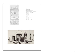 1.Saca-rolhas 
2.Espremedor de limão 
3.Bastão para mexer Coquetéis 
4.Colher de cabo longo 
5.Coador 
6.Dosador 
7.Shaker 
8.Funil 
9.Jarra para Martini 
10.Pilão 
11.Balde 
12.Pegador de gelo 
3 
 