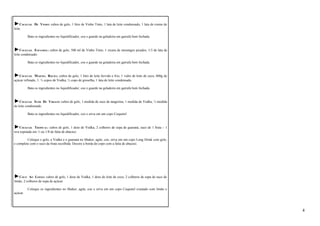 ►COCKTAIL DE VINHO: cubos de gelo, 1 litro de Vinho Tinto, 1 lata de leite condensado, 1 lata de creme de 
leite. 
Bata os ingredientes no liquidificador, coe e guarde na geladeira em garrafa bem fechada. 
►COCKTAIL ESPANHOL: cubos de gelo, 500 ml de Vinho Tinto, 1 xícara de morangos picados, 1/3 de lata de 
leite condensado. 
Bata os ingredientes no liquidificador, coe e guarde na geladeira em garrafa bem fechada. 
►COCKTAIL MARTHA ROCHA: cubos de gelo, 1 litro de leite fervido e frio, 1 vidro de leite de coco, 600g de 
açúcar refinado, 1. ½ copos de Vodka, ½ copo de groselha, 1 lata de leite condensado. 
Bata os ingredientes no liquidificador, coe e guarde na geladeira em garrafa bem fechada. 
►COCKTAIL SUOR DE VIRGEM: cubos de gelo, 1 medida de suco de tangerina, 1 medida de Vodka, ½ medida 
de leite condensado. 
Bata os ingredientes no liquidificador, coe e sirva em um copo Coquetel. 
►COCKTAIL TROPICAL: cubos de gelo, 1 dose de Vodka, 2 colheres de sopa de guaraná, suco de 1 fruta – 1 
uva espetada em ¼ ou 1/8 de fatia de abacaxi. 
Coloque o gelo, a Vodka e o guaraná no Shaker, agite, coe, sirva em um copo Long Drink com gelo, 
e complete com o suco da fruta escolhida. Decore a borda do copo com a fatia de abacaxi. 
►COCO AO LIMÃO: cubos de gelo, 1 dose de Vodka, 1 dose de leite de coco, 2 colheres de sopa de suco de 
limão, 2 colheres de sopa de açúcar. 
Coloque os ingredientes no Shaker, agite, coe e sirva em um copo Coquetel crustado com limão e 
açúcar. 
4 
 