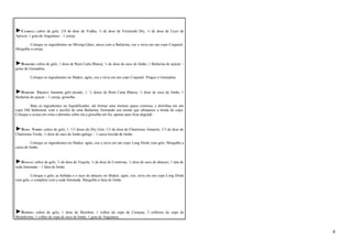 ►CZARINA: cubos de gelo, 2/4 de dose de Vodka, ¼ de dose de Vermouth Dry, ¼ de dose de Licor de 
Apricot, 1 gota de Angustura – 1 cereja. 
Coloque os ingredientes no Mixing-Glass, mexa com a Bailarina, coe e sirva em um copo Coquetel. 
Mergulhe a cereja. 
►DAIQUIRI: cubos de gelo, 1 dose de Rum Carta Blanca, ¼ de dose de suco de limão, 1 Bailarina de açúcar – 
gotas de Grenadine. 
Coloque os ingredientes no Shaker, agite, coe e sirva em um copo Coquetel. Pingue o Grenadine. 
►DAIQUIRI FROZEN: bastante gelo picado, 1. ½ doses de Rum Carta Blanca, ½ dose de suco de limão, 1 
Bailarina de açúcar – 1 cereja, groselha. 
Bata os ingredientes no liquidificador, até formar uma mistura quase cremosa, e distribua em um 
copo Old fashioned, com o auxílio de uma Bailarina, formando um monte que ultrapasse a borda do copo. 
Coloque a cereja em cima e derrame sobre ela a groselha em fio, apenas para ficar degradê. 
►DAMA VERDE: cubos de gelo, 1. 1/3 doses de Dry Gim, 1/3 de dose de Chartreuse Amarelo, 1/3 de dose de 
Chartreuse Verde, ½ dose de suco de limão-galego – 1 casca torcida de limão. 
Coloque os ingredientes no Shaker, agite, coe e sirva em um copo Long Drink com gelo. Mergulhe a 
casca de limão. 
►DANUSA: cubos de gelo, ¾ de dose de Tequila, ¼ de dose de Cointreau, ½ dose de suco de abacaxi, 1 lata de 
soda limonada – 1 fatia de limão. 
Coloque o gelo, as bebidas e o suco de abacaxi no Shaker, agite, coe, sirva em um copo Long Drink 
com gelo, e complete com a soda limonada. Mergulhe a fatia de limão. 
►DAPHNE: cubos de gelo, 1 dose de Bourbon, 1 colher de sopa de Curaçau, 2 colheres de sopa de 
Bénédictine, 1 colher de sopa de suco de limão, 1 gota de Angustura. 
4 
 