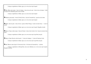 Coloque os ingredientes no Shaker, agite, coe e sirva em um copo Coquetel. 
►DEDO DURO: gelo picado, 1 dose de Cachaça, ½ dose de suco de caju, ½ dose de suco de laranja, 1 colher 
de sopa de leite condensado, gotas de suco de limão. 
Coloque os ingredientes no Shaker, agite, coe e sirva em um copo Coquetel. 
►DEMÔNIO: gelo picado, ½ dose de Vinho do Porto, ½ dose de Vermouth Dry, 1 gota de suco de limão. 
Coloque os ingredientes no Shaker, agite, coe e sirva em um copo Coquetel. 
►DERBY: cubos de gelo, 1 dose de Gim, 2 gotas de Bitter Pêssego, 2 ramos de menta fresca – 1 ramo de 
hortelã. 
Coloque os ingredientes no Shaker, agite, coe e sirva em um copo Coquetel. Mergulhe a hortelã. 
►DRAGÃO VERDE: cubos de gelo, 2 doses de Pernod, 1 dose de leite fervido e frio, 2 doses de creme de leite, 
açúcar. 
Coloque os ingredientes no Shaker, agite, coe e sirva em um copo Long Drink com gelo. 
►DRAGÃO VERDE FRANCÊS: cubos de gelo, 1. ½ doses de Conhaque, 1. ½ doses de Chartreuse Verde. 
Coloque os ingredientes no Shaker, agite, coe e sirva em um copo Long Drink com gelo. 
►DRY MARTINI: cubos de gelo, 9/10 de dose de Gim, 1/10 de dose de Vermouth Dry – 1 azeitona. 
Coloque os ingredientes no Mixing-Glass, mexa com a Bailarina, coe e sirva em um copo Coquetel. 
Mergulhe a azeitona. 
4 
 