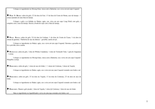 Coloque os ingredientes no Mixing-Glass, mexa com a Bailarina, coe e sirva em um copo Coquetel. 
►MADE IN BRASIL: cubos de gelo, 2/3 de dose de Gim, 1/3 de dose de Creme de Menta, suco de laranja – 1 
cereja espetada em uma fatia de laranja. 
Coloque o gelo e as bebidas no Shaker, agite, coe, sirva em um copo Long Drink com gelo, e 
complete com o suco de laranja. Decore a borda do copo com a fatia de laranja. 
►MAGIA BAIANA: cubos de gelo, 2/4 de dose de Cachaça, ¼ de dose de Creme de Cacau, ¼ de dose de 
xarope de guaraná, 1 Bailarina de suco de abacaxi – groselha, canela em pó. 
Coloque os ingredientes no Shaker, agite, coe e sirva em um copo Coquetel. Derrame a groselha em 
fio e polvilhe com a canela. 
►MANHATTAN: cubos de gelo, 1 dose de Whisky Canadense, ½ dose de Vermouth Tinto, 1 gota de Angustura 
– 1 cereja. 
Coloque os ingredientes no Mixing-Glass, mexa com a Bailarina, coe e sirva em um copo Coquetel. 
Mergulhe a cereja. 
►MARGUERITA: cubos de gelo, ½ dose de suco de limão, 1. ½ doses de Cointreau, 3 doses de Tequila. 
Coloque os ingredientes no Shaker, agite, coe e sirva em um copo Coquetel crustado com limão e sal. 
►MARGUERITA: cubos de gelo, 3/5 de dose de Tequila, 1/5 de dose de Cointreau, 2/5 de dose de suco de 
limão. 
Coloque os ingredientes no Shaker, agite, coe e sirva em um copo Coquetel crustado com limão e sal. 
►MARGUERITA FROZEN: gelo picado, 1 dose de Tequila, ½ dose de Cointreau, 1 dose de suco de limão. 
Bata os ingredientes no liquidificador e sirva em uma taça crustada com limão e sal. 
5 
 