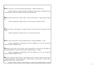 ►ROYAL CHOCOLATE: 1 dose de Jack Daniels, chocolate quente – chantilly, chocolate em pó. 
Coloque o Whisky em um copo Irish Coffee, Long Drink ou caneca aquecida, e complete até 2/3 com 
o chocolate quente. Cubra com o chantilly e polvilhe com o chocolate em pó. 
►RUSSIAN BEAR: cubos de gelo, 1 dose de vodka, ½ dose de Creme de Cacau, 1 colher de sopa de creme de 
leite. 
Coloque os ingredientes no Shaker, agite, coe e sirva em um copo Long Drink com gelo. 
►RUSSIAN COCKTAIL: cubos de gelo, 1/3 de dose de vodka, 1/3 de dose de Gim, 1/3 de dose de Creme de 
Cacau. 
Coloque os ingredientes no Shaker, agite, coe e sirva em um copo Coquetel. 
►RUSTY NAIL: cubos de gelo, 2/3 de dose de Whisky Scotch, 1/3 de dose de Drambuie – 1 cereja. 
Coloque os ingredientes no Mixing-Glass, mexa com a Bailarina, coe e sirva em um copo Old 
Fashioned com gelo. Mergulhe a cereja. 
►SAMBRASIL: cubos de gelo, 1 dose de Vodka, ½ dose de Vermouth Dry, 1/8 de dose de Licor de Whisky, 1/8 
de dose de Mandarineto, 1/8 de dose de suco de limão, 1 Bailarina de açúcar – 2 cerejas. 
Coloque os ingredientes no Mixing-Glass, mexa com a Bailarina, coe e sirva em um copo Old 
Fashioned com gelo. Mergulhe as cerejas. 
►SANGRIA: 1 garrafa de Vinho Tinto Seco, 1 dose de Brandy, suco de ½ laranja, 2 colheres de sopa de açúcar, 
1 laranja em fatias finas, 1 limão em fatias finas, 1 maçã em fatias, 6 cravos-da-índia, 1 canela em pau, 1 
garrafa de Soda Cristal ou 1 lata de Club Soda. 
Coloque o Vinho, o Brandy, o suco de laranja e o açúcar em um recipiente grande, e misture. 
5 
 