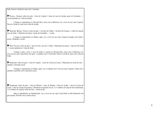 Soda. Decore a borda do copo com 1 morango. 
►TEQUILA SUNRISE: cubos de gelo, 1 dose de Tequila, 2 doses de suco de laranja, gotas de Grenadine – 1 
cereja espetada em 1 fatia de laranja. 
Coloque os ingredientes no Mixing-Glass, mexa com a Bailarina, coe e sirva em um copo Coquetel. 
Decore a borda do copo com a fatia de laranja. 
►TERCEIRO DEGRAU CRUSTA: cubos de gelo, ¾ de dose de Vodka, ¼ de dose de Curaçau, 1 colher de sopa de 
suco de limão, 1 Bailarina de açúcar, 2 gotas de Grenadine – 1 cereja. 
Coloque os ingredientes no Shaker, agite, coe e sirva em um copo Coquetel crustado com limão e 
açúcar. Mergulhe a cereja. 
►TOM COLLINS: cubos de gelo, 1 dose de Gim, suco de ½ limão, 2 Bailarinas de açúcar, 1 lata de Club Soda 
– 1 cereja espetada em 1 fatia de limão. 
Coloque o gelo, o Gim, o suco de limão e o açúcar no Mixing-Glass, mexa com a Bailarina, coe, 
sirva em um copo Long Drink com gelo, e complete com o Club Soda. Decore a borda do copo com a fatia de 
limão. 
►TOREADOR: cubos de gelo, 1 dose de Tequila, ½ dose de Creme de Cacau, 2 Bailarinas de creme de leite – 
chantilly, chocolate em pó. 
Coloque os ingredientes no Shaker, agite, coe e complete até 2/3 de um copo Coquetel. Cubra com o 
chantilly e polvilhe com o chocolate em pó. 
►TURBINADO: cubos de gelo, 1 dose de Martini, 1 dose de Brandy, 1 dose de Vodka, 1 dose de Creme de 
Cacau, 1 dose de xarope de guaraná, 3 Bailarinas de guaraná em pó, 3 a 4 colheres de sopa de leite condensado, 
3 a 4 colheres de sopa de creme de leite – canela em pó. 
Bata os ingredientes no liquidificador, coe e sirva em um copo Long Drink ou Old fashioned com 
gelo picado. Polvilhe com a canela em pó. 
6 
 