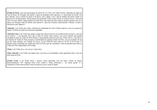 i)Vinho do Porto: com uma percentagem de álcool de 19 a 22%, este Vinho licoroso, fabricado na região do 
Vale do Douro em Portugal, está sujeito a regras de produção muito rigorosas, e é classificado de acordo com 
as colheitas, com o volume de açúcar e de álcool, com a idade e com o tipo de madeira dos barris usados no 
processo de envelhecimento. Muitos países têm produzido Vinhos Tintos Doces no estilo do Porto e escrevem 
“Port” em seus rótulos. Alguns podem ser muito bons, mas nunca tão finos quanto o produto genuíno, que só se 
fabrica em Portugal. Pode ser bebido como aperitivo , antes das refeições, especialmente o Branco, ou após a 
sobremesa como digestivo. 
•Aloirado: é um Vinho mais velho, resultante da combinação de vários Vinhos especiais, com a cor quente do 
topázio. O Demi-Sec pode ser de primeira qualidade. 
•Aloirado Claro: é um Vinho que atingiu a etapa mais alta do processo de envelhecimento em barris, o pico da 
sua carreira – a cor dourada. Estes são os tipos de Vinhos mais comuns, mas existe também uma grande 
variedade de tipos de Vinho do Porto Brancos, especialmente dentro do setor dos Vinhos Secos e extra-Secos. 
O Instituto do Vinho do Porto assegura a autenticidade de qualquer Vinho do Porto, seja ele originário de um 
lote de várias colheitas, um Vintage, de reserva, ou um Vinho do Porto velho de 10, 20, 30 ou 40 anos. O 
Instituto emite certificados de origem para todos os Portos que são exportados e selos de garantia para todos os 
Vinhos do Porto engarrafados em Portugal. 
•Tinto: é um Vinho novo, rico em cor e muito doce. 
•Tinto Aloirado: é um Vinho com alguns anos, com uma cor avermelhada, sendo igualmente doce e com um 
forte aroma de fruta. 
j)Vinho Verde: é um Vinho Suave e gasoso, muito adocicado com um baixo volume de álcool, 
aproximadamente 10%. Algumas umas vezes, achará o Vinho refrescante e em outras quente. É o 
companheiro ideal numa refeição à base de mariscos, peixe e patê de fígado. 
9 
 