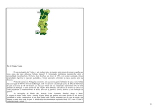 G -O Vinho Verde 
O mais português dos Vinhos, é um produto único no mundo, uma mistura de aroma e agulha que 
torna numa das mais deliciosas bebidas naturais! A fermentação maloláctica transmite-lhe sabor e 
personalidade inconfundíveis. De baixo teor alcoólico, em torno de 10%, com acidez acentuada, ótimas 
propriedades digestivas e especiais qualidades, é muito apreciado, sobretudo na época quente, pela sua 
frescura. 
Produzido apenas em Portugal e consumido, em sua maioria, pelos habitantes do país, é uma bebida 
típica da região do Minho, Noroeste de Portugal, onde vive a maior concentração (cerca de 20%) de habitantes 
do país. Com área de 70 mil hectares, as uvas que entram em sua composição representam 15% do total 
plantado em Portugal. O clima é marcado por estações bem definidas, com chuvas de inverno (as chuvas no 
verão prejudicam o amadurecimento da fruta). Seu solo é granítico, xistoso, arenoso e com formação de 
gnaisse. 
As sub-regiões do Minho são: Monção, Lima, Amarante, Penafiel, Braga e Basto. 
A origem do nome Vinho Verde é incerta. Alguns dizem que ganhou esse nome devido ao seu frescor, 
jovialidade e acidez, caraterísticas de um fruto ainda verde. Outros sustentam que ele vem da região, que 
abrange a maior área verde do país. A bebida tem sua denominação registrada desde 1973, mas o Vinho é 
conhecido desde o século 17. 
9 
 