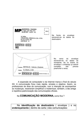 Na frente do envelope
                                           escrevem-se os dados do
                                           destinatário




                                             No    verso     do   envelope
                                             escrevem-se os dados do
                                             remetente. Se no timbre do
                                             envelope o endereço já estiver
                                             completo,      não     precisa
                                             preencher o verso.




        A expansão do computador e da Internet marca o final do século
XX. A comunicação ficou mais rápida, simples e objetiva. Assim, os
profissionais da área da comunicação, com a intenção de acompanhar
as mudanças, resolveram simplificar e modernizar, também, a tão antiga
e repetitiva padronização das comunicações oficiais.

     Na COMUNICAÇÃO           MODERNA, como fica ?


    Na identificação do destinatário ( envelope ) e no
endereçamento ( dentro da carta ) das comunicações:

                                  13
 