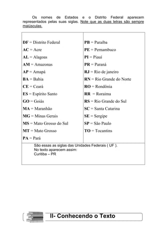 Os nomes de Estados e o Distrito Federal aparecem
representados pelas suas siglas. Note que as duas letras são sempre
maiúsculas.



DF = Distrito Federal              PB = Paraíba
AC = Acre                          PE = Pernambuco
AL = Alagoas                       PI = Piauí
AM = Amazonas                      PR = Paraná
AP = Amapá                         RJ = Rio de janeiro
BA = Bahia                         RN = Rio Grande do Norte
CE = Ceará                         RO = Rondônia
ES = Espírito Santo                RR = Roraima
GO = Goiás                         RS = Rio Grande do Sul
MA = Maranhão                      SC = Santa Catarina
MG = Minas Gerais                  SE = Sergipe
MS = Mato Grosso do Sul            SP = São Paulo
MT = Mato Grosso                   TO = Tocantins
PA = Pará
      São essas as siglas das Unidades Federais ( UF ).
      No texto aparecem assim:
      Curitiba – PR




               II- Conhecendo o Texto
                                  19
 