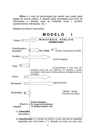 Ofício é o meio de comunicação por escrito mais usado pelos
  órgãos de serviço público. É utilizado pelas autoridades para troca de
  informações e, também pode ter finalidade social ( convites,
  agradecimentos, felicitações, etc. )

  Modelos de ofícios e suas partes:

                                 MODELO                           I
  Timbre                     MINISTÉRIO PÚBLICO
                                  PROMOTORIA

 Classificação e
 local/data                  Of. nº 82/02      Curitiba, 02 de janeiro de 2002.


 Vocativo
                                            Senhor Delegado:


 Texto
                                             Encaminhamos a V.Sa. ficha de
                    entidade social que, por equívoco, foi remetida a nossa
                    promotoria, sendo que a mesma pertence à delegacia de sua
                    jurisdição.
 Fecho


Remetente                                   Atenciosamente,



                                                        Karine Sousa
Destinatário                                           Promotora de Justiça



                   Senhor Delegado
         Observe o Dr. Jorge Luís Guilherme
                   ofício anterior e as explicações abaixo, fazendo as
  relações:        13º Distrito Federal - N/C

     1) Cabeçalho ou timbre: identifica o local de onde foi remetido o
       documento.

     2) Classificação é o número do ofício e o ano que ele foi expedido,
       separados por uma barra ( / ). Quando se inicia um novo ano,
                                      20
 
