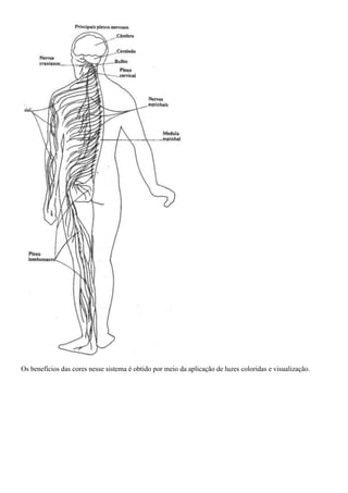 Os benefícios das cores nesse sistema é obtido por meio da aplicação de luzes coloridas e visualização.
 