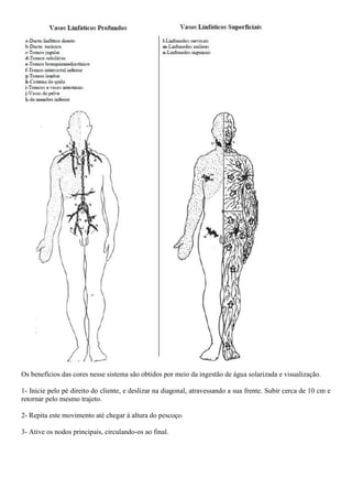 Os benefícios das cores nesse sistema são obtidos por meio da ingestão de água solarizada e visualização.
1- Inicie pelo pé direito do cliente, e deslizar na diagonal, atravessando a sua frente. Subir cerca de 10 cm e
retornar pelo mesmo trajeto.
2- Repita este movimento até chegar à altura do pescoço.
3- Ative os nodos principais, circulando-os ao final.
 