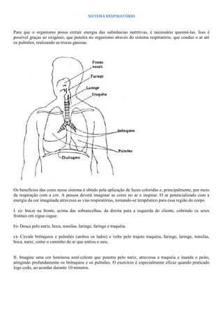 SISTEMA RESPIRATÓRIO
Para que o organismo possa extrair energia das substâncias nutritivas, é necessário queimá-las. Isso é
possível graças ao oxigênio, que penetra no organismo através do sistema respiratório, que conduz o ar até
os pulmões, realizando as trocas gasosas.
Os benefícios das cores nesse sistema é obtido pela aplicação de luzes coloridas e, principalmente, por meio
da respiração com a cor. A pessoa deverá imaginar as cores no ar e inspirar. O ar potencializado com a
energia da cor imaginada atravessa as vias respiratórias, tornando-se terapêutico para essa região do corpo.
I. a)- Inicie na fronte, acima das sobrancelhas, da direita para a esquerda do cliente, cobrindo os seios
frontais em zigue-zague.
b)- Desça pelo nariz, boca, tonsilas, laringe, faringe e traquéia.
c)- Circule brônquios e pulmões (ambos os lados) e volte pelo trajeto traquéia, faringe, laringe, tonsilas,
boca, nariz, como o caminho do ar que entrou e saiu.
II. Imagine uma cor luminosa azul-celeste que penetra pelo nariz, atravessa a traquéia e inunda o peito,
atingindo profundamente os brônquios e os pulmões. O exercício é especialmente eficaz quando praticado
logo cedo, ao acordar durante 10 minutos.
 