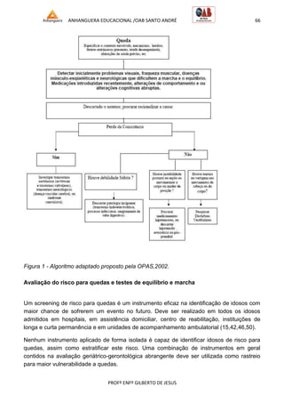 ANHANGUERA EDUCACIONAL /OAB SANTO ANDRÉ 66
PROFº ENFº GILBERTO DE JESUS
Figura 1 - Algoritmo adaptado proposto pela OPAS,2002.
Avaliação do risco para quedas e testes de equilíbrio e marcha
Um screening de risco para quedas é um instrumento eficaz na identificação de idosos com
maior chance de sofrerem um evento no futuro. Deve ser realizado em todos os idosos
admitidos em hospitais, em assistência domiciliar, centro de reabilitação, instituições de
longa e curta permanência e em unidades de acompanhamento ambulatorial (15,42,46,50).
Nenhum instrumento aplicado de forma isolada é capaz de identificar idosos de risco para
quedas, assim como estratificar este risco. Uma combinação de instrumentos em geral
contidos na avaliação geriátrico-gerontológica abrangente deve ser utilizada como rastreio
para maior vulnerabilidade a quedas.
 