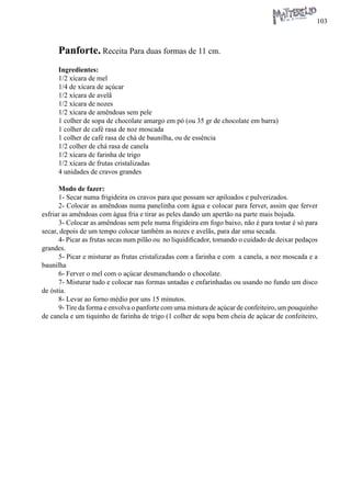 103 
Panforte. Receita Para duas formas de 11 cm. 
Ingredientes: 
1/2 xícara de mel 
1/4 de xícara de açúcar 
1/2 xícara de avelã 
1/2 xícara de nozes 
1/2 xícara de amêndoas sem pele 
1 colher de sopa de chocolate amargo em pó (ou 35 gr de chocolate em barra) 
1 colher de café rasa de noz moscada 
1 colher de café rasa de chá de baunilha, ou de essência 
1/2 colher de chá rasa de canela 
1/2 xícara de farinha de trigo 
1/2 xícara de frutas cristalizadas 
4 unidades de cravos grandes 
Modo de fazer: 
1- Secar numa frigideira os cravos para que possam ser apiloados e pulverizados. 
2- Colocar as amêndoas numa panelinha com água e colocar para ferver, assim que ferver esfriar as amêndoas com água fria e tirar as peles dando um apertão na parte mais bojuda. 
3- Colocar as amêndoas sem pele numa frigideira em fogo baixo, não é para tostar é só para secar, depois de um tempo colocar também as nozes e avelãs, para dar uma secada. 
4- Picar as frutas secas num pilão ou no liquidificador, tomando o cuidado de deixar pedaços grandes. 
5- Picar e misturar as frutas cristalizadas com a farinha e com a canela, a noz moscada e a baunilha 
6- Ferver o mel com o açúcar desmanchando o chocolate. 
7- Misturar tudo e colocar nas formas untadas e enfarinhadas ou usando no fundo um disco de óstia. 
8- Levar ao forno médio por uns 15 minutos. 
9- Tire da forma e envolva o panforte com uma mistura de açúcar de confeiteiro, um pouquinho de canela e um tiquinho de farinha de trigo (1 colher de sopa bem cheia de açúcar de confeiteiro,  
