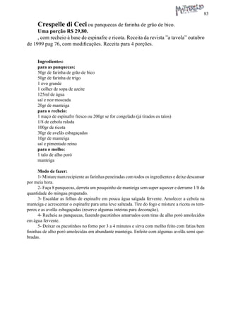 83 
Crespelle di Ceci ou panquecas de farinha de grão de bico. 
Uma porção R$ 29,80. 
, com recheio à base de espinafre e ricota. Receita da revista ”a tavola” outubro de 1999 pag 76, com modificações. Receita para 4 porções. 
Ingredientes: 
para as panquecas: 
50gr de farinha de grão de bico 
50gr de farinha de trigo 
1 ovo grande 
1 colher de sopa de azeite 
125ml de água 
sal e noz moscada 
20gr de manteiga 
para o recheio: 
1 maço de espinafre fresco ou 200gr se for congelado (já tirados os talos) 
1/8 de cebola ralada 
100gr de ricota 
30gr de avelãs esbagaçadas 
10gr de manteiga 
sal e pimentado reino 
para o molho: 
1 talo de alho poró 
manteiga 
Modo de fazer: 
1- Misture num recipiente as farinhas peneiradas com todos os ingredientes e deixe descansar por meia hora. 
2- Faça 8 panquecas, derreta um pouquinho de manteiga sem super aquecer e derrame 1/8 da quantidade do mingau preparado. 
3- Escaldar as folhas de espinafre em pouca água salgada fervente. Amolecer a cebola na manteiga e acrescentar o espinafre para uma leve salteada. Tire do fogo e misture a ricota os temperos e as avelãs esbagaçadas (reserve algumas inteiras para decoração). 
4- Recheie as panquecas, fazendo pacotinhos amarrados com tiras de alho poró amolecidos em água fervente. 
5- Deixar os pacotinhos no forno por 3 a 4 minutos e sirva com molho feito com fatias bem fininhas de alho poró amolecidas em abundante manteiga. Enfeite com algumas avelãs semi quebradas.  