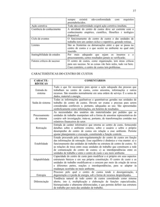 37

                                 sempre      existirá   não-conformidade       com    requisitos
                                 preestabelecidos.
Ação corretiva                   Toda não-conformidade exigirá ação corretiva imediata.
Coerência do conhecimento        A atividade do centro de custos deve ser coerente com o
                                 conhecimento empírico, científico, filosófico r teológico
                                 disponível.
Ciclo de eventos                 O funcionamento do centro de custos e das unidades de
                                 trabalho tem um caráter cíclico e repetitivo, gerando rotinas.
Limites                          São as fronteiras ou demarcações entre o que se passa no
                                 centro de custos e o que ocorre no ambiente no qual está
                                 inserido.
Inatingibilidade de estados      Por mais adequado que sejam os insumos e o
                                 processamento, certos resultados jamais se verificarão.
Fatores críticos de sucesso      O centro de custos, como organização, tem áreas críticas
                                 para seu sucesso. Se as coisas vão bem neles, tudo vai bem.
                                 Caso contrário, o centro de custos tem problemas.

CARACTERÍSTICAS DO CENTRO DE CUSTOS

  CARACTE-                                       COMENTÁRIOS
  RÍSTICAS
                     Tudo o que for necessário para apoiar a ação adequada das pessoas que
   Entrada do        trabalham no centro de custos, como amostras, informações e outros
    sistema          recursos. São reunidos normalmente em uma ordem de serviço. É a soma de
                     dados, material e energia.
                     Todas as informações qualitativas e quantitativas geradas nas unidades de
Saída do sistema     trabalho do centro de custos. Devem ser exatas e precisas para serem
                     consideradas confiáveis e, portanto, adequadas ao uso. São apresentadas
                     simbolicamente como informações, em boletim de resultados.
                     As necessidades dos usuários são materializadas por pedidos que as
 Processamento       unidades de trabalho manipulam sob a forma de amostras representativas do
   do sistema        cenário sob investigação; trata-se, portanto, de transformações contidas nos
                     relatórios financeiros do setor.
                     Entrada de caráter informativo que retorna ao centro de custo, fornecendo
    Retroação        detalhes sobre o ambiente externo, sobre o usuário e sobre o próprio
                     desempenho do centro de custos em relação a esse ambiente. Permite
                     ajustar planejamento e execução, constituindo a função controle.
                     Estado procurado pela auto-regulamentação do centro de custos em função
                     das informações de retroação. Esse equilíbrio é dinâmico e visa manter: a) o
  Estabilidade       funcionamento das unidades de trabalho na estrutura de centro de custos; b)
                     as relações de troca entre essas unidades de trabalho que constituem a rede
                     de comunicação do centro de custos; c) as interdependências entre es
                     unidades de trabalho e entre o centro de custo e seu meio ambiente.
                     Capacidade do centro de custo para modificar a si próprio em seus aspectos
 Adaptabilidade      estruturais básicos e em sua própria constituição. O centro de custo e as
                     unidades de trabalho modificam-se e crescem por meio da criação de novas
                     e diferentes partes, reações e interdependências, para se adaptar às
                     mudanças ocorridas no meio ambiente.
                     Processo pelo qual o centro de custos tende à desorganização, à
    Entropia         degeneração e à perda de energia, sob a forma de recursos desperdiçados.
                     Tendência natural de todo centro de custos considerado como sistema
  Diferenciação      aberto, isto é, multiplicação e elaboração de funções especializadas,
                     hierarquizadas e altamente diferenciadas, o que permite definir sua estrutura
                     de trabalho por meio das unidades de trabalho.
 