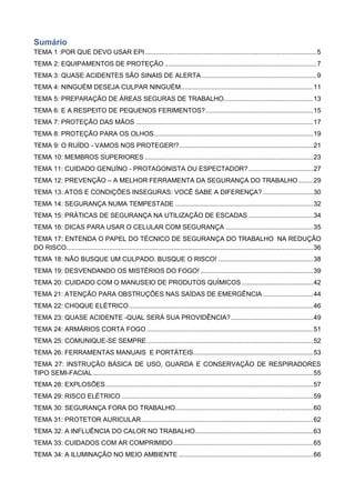 Sumário
TEMA 1 :POR QUE DEVO USAR EPI................................................................................................5
TEMA 2: EQUIPAMENTOS DE PROTEÇÃO .....................................................................................7
TEMA 3: QUASE ACIDENTES SÃO SINAIS DE ALERTA ................................................................9
TEMA 4: NINGUÉM DESEJA CULPAR NINGUÉM..........................................................................11
TEMA 5: PREPARAÇÃO DE ÁREAS SEGURAS DE TRABALHO..................................................13
TEMA 6: E A RESPEITO DE PEQUENOS FERIMENTOS?............................................................15
TEMA 7: PROTEÇÃO DAS MÃOS ...................................................................................................17
TEMA 8: PROTEÇÃO PARA OS OLHOS.........................................................................................19
TEMA 9: O RUÍDO - VAMOS NOS PROTEGER!?...........................................................................21
TEMA 10: MEMBROS SUPERIORES ..............................................................................................23
TEMA 11: CUIDADO GENUÍNO - PROTAGONISTA OU ESPECTADOR? ....................................27
TEMA 12: PREVENÇÃO – A MELHOR FERRAMENTA DA SEGURANÇA DO TRABALHO ........29
TEMA 13: ATOS E CONDIÇÕES INSEGURAS: VOCÊ SABE A DIFERENÇA? ............................30
TEMA 14: SEGURANÇA NUMA TEMPESTADE .............................................................................32
TEMA 15: PRÁTICAS DE SEGURANÇA NA UTILIZAÇÃO DE ESCADAS ....................................34
TEMA 16: DICAS PARA USAR O CELULAR COM SEGURANÇA .................................................35
TEMA 17: ENTENDA O PAPEL DO TÉCNICO DE SEGURANÇA DO TRABALHO NA REDUÇÃO
DO RISCO..........................................................................................................................................36
TEMA 18: NÃO BUSQUE UM CULPADO. BUSQUE O RISCO! .....................................................38
TEMA 19: DESVENDANDO OS MISTÉRIOS DO FOGO! ...............................................................39
TEMA 20: CUIDADO COM O MANUSEIO DE PRODUTOS QUÍMICOS........................................42
TEMA 21: ATENÇÃO PARA OBSTRUÇÕES NAS SAÍDAS DE EMERGÊNCIA ............................44
TEMA 22: CHOQUE ELÉTRICO.......................................................................................................46
TEMA 23: QUASE ACIDENTE -QUAL SERÁ SUA PROVIDÊNCIA?..............................................49
TEMA 24: ARMÁRIOS CORTA FOGO .............................................................................................51
TEMA 25: COMUNIQUE-SE SEMPRE.............................................................................................52
TEMA 26: FERRAMENTAS MANUAIS E PORTÁTEIS...................................................................53
TEMA 27: INSTRUÇÃO BÁSICA DE USO, GUARDA E CONSERVAÇÃO DE RESPIRADORES
TIPO SEMI-FACIAL...........................................................................................................................55
TEMA 28: EXPLOSÕES....................................................................................................................57
TEMA 29: RISCO ELÉTRICO ...........................................................................................................59
TEMA 30: SEGURANÇA FORA DO TRABALHO.............................................................................60
TEMA 31: PROTETOR AURICULAR................................................................................................62
TEMA 32: A INFLUÊNCIA DO CALOR NO TRABALHO..................................................................63
TEMA 33: CUIDADOS COM AR COMPRIMIDO ..............................................................................65
TEMA 34: A ILUMINAÇÃO NO MEIO AMBIENTE ...........................................................................66
 