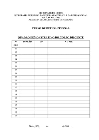 RIO GRANDE DO NORTE
SECRETARIA DE ESTADO DA SEGURANÇA PÚBLICA E DA DEFESA SOCIAL
                       POLÍCIA MILITAR
            ACADEMIA CEL MILTON FREIRE DE ANDRADE



                 CURSO DE DEFESA PESSOAL


     QUADRO DEMONSTRATIVO DO CORPO DISCENTE
Nº      FUNÇÃO            OP             NOME
ORD
01
02
03
04
05
06
07
08
09
10
11
12
13
14
15
16
17
18
19
20




            Natal, RN.,        de      de 200   .
 