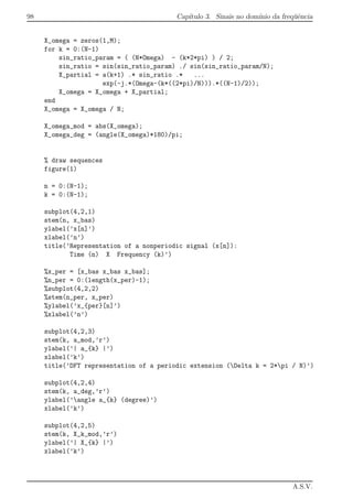 98 Cap´ıtulo 3. Sinais no dom´ınio da freq¨uˆencia
X_omega = zeros(1,M);
for k = 0:(N-1)
sin_ratio_param = ( (N*Omega) - (k*2*pi) ) / 2;
sin_ratio = sin(sin_ratio_param) ./ sin(sin_ratio_param/N);
X_partial = a(k+1) .* sin_ratio .* ...
exp(-j.*(Omega-(k*((2*pi)/N))).*((N-1)/2));
X_omega = X_omega + X_partial;
end
X_omega = X_omega / N;
X_omega_mod = abs(X_omega);
X_omega_deg = (angle(X_omega)*180)/pi;
% draw sequences
figure(1)
n = 0:(N-1);
k = 0:(N-1);
subplot(4,2,1)
stem(n, x_bas)
ylabel(’x[n]’)
xlabel(’n’)
title(’Representation of a nonperiodic signal (x[n]):
Time (n) X Frequency (k)’)
%x_per = [x_bas x_bas x_bas];
%n_per = 0:(length(x_per)-1);
%subplot(4,2,2)
%stem(n_per, x_per)
%ylabel(’x_{per}[n]’)
%xlabel(’n’)
subplot(4,2,3)
stem(k, a_mod,’r’)
ylabel(’| a_{k} |’)
xlabel(’k’)
title(’DFT representation of a periodic extension (Delta k = 2*pi / N)’)
subplot(4,2,4)
stem(k, a_deg,’r’)
ylabel(’angle a_{k} (degree)’)
xlabel(’k’)
subplot(4,2,5)
stem(k, X_k_mod,’r’)
ylabel(’| X_{k} |’)
xlabel(’k’)
A.S.V.
 
