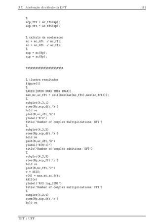 3.7. Acelera¸c˜ao do c´alculo da DFT 111
%
mcp_fft = mc_fft(Np);
acp_fft = ac_fft(Np);
% calculo da aceleracao
mc = mc_dft ./ mc_fft;
ac = ac_dft ./ ac_fft;
%
mcp = mc(Np);
acp = ac(Np);
%%%%%%%%%%%%%%%%%%%%%%%
% ilustra resultados
figure(1)
%
%AXIS([XMIN XMAX YMIN YMAX])
max_mc_ac_fft = ceil(max(max(mc_fft),max(ac_fft)));
%
subplot(4,2,1)
stem(Np,mcp_dft,’k’)
hold on
plot(N,mc_dft,’k’)
ylabel(’N^2’)
title(’Number of complex multiplications: DFT’)
%
subplot(4,2,2)
stem(Np,acp_dft,’k’)
hold on
plot(N,ac_dft,’k’)
ylabel(’N(N-1)’)
title(’Number of complex additions: DFT’)
%
subplot(4,2,3)
stem(Np,mcp_fft,’r’)
hold on
plot(N,mc_fft,’r’)
v = AXIS;
v(4) = max_mc_ac_fft;
AXIS(v)
ylabel(’N/2 log_2(N)’)
title(’Number of complex multiplications: FFT’)
%
subplot(4,2,4)
stem(Np,acp_fft,’r’)
hold on
TET / UFF
 