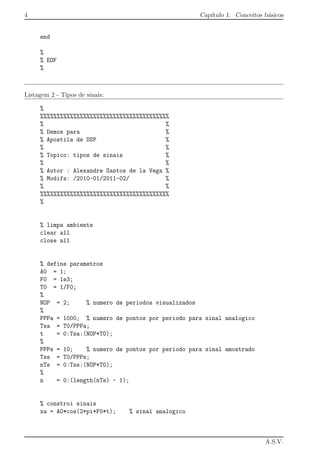 4 Cap´ıtulo 1. Conceitos b´asicos
end
%
% EOF
%
Listagem 2 - Tipos de sinais:
%
%%%%%%%%%%%%%%%%%%%%%%%%%%%%%%%%%%%%%%%
% %
% Demos para %
% Apostila de DSP %
% %
% Topico: tipos de sinais %
% %
% Autor : Alexandre Santos de la Vega %
% Modifs: /2010-01/2011-02/ %
% %
%%%%%%%%%%%%%%%%%%%%%%%%%%%%%%%%%%%%%%%
%
% limpa ambiente
clear all
close all
% define parametros
A0 = 1;
F0 = 1e3;
T0 = 1/F0;
%
NOP = 2; % numero de periodos visualizados
%
PPPa = 1000; % numero de pontos por periodo para sinal analogico
Tsa = T0/PPPa;
t = 0:Tsa:(NOP*T0);
%
PPPs = 10; % numero de pontos por periodo para sinal amostrado
Tss = T0/PPPs;
nTs = 0:Tss:(NOP*T0);
%
n = 0:(length(nTs) - 1);
% constroi sinais
xa = A0*cos(2*pi*F0*t); % sinal analogico
A.S.V.
 