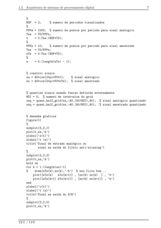 1.3. Arquitetura de sistemas de processamento digital 7
%
NOP = 2; % numero de periodos visualizados
%
PPPa = 1000; % numero de pontos por periodo para sinal analogico
Tsa = T0/PPPa;
t = 0:Tsa:(NOP*T0);
%
PPPs = 10; % numero de pontos por periodo para sinal amostrado
Tss = T0/PPPs;
nTs = 0:Tss:(NOP*T0);
%
n = 0:(length(nTs) - 1);
% constroi sinais
xa = A0*cos(2*pi*F0*t); % sinal analogico
xs = A0*cos(2*pi*F0*nTs); % sinal amostrado
% quantiza sinais usando funcao definida externamente
NOI = 5; % numero de intervalos do grid
xaq = quant_half_grid(xa,-A0,(A0/NOI),A0); % sinal analogico quantizado
xsq = quant_half_grid(xs,-A0,(A0/NOI),A0); % sinal amostrado quantizado
% desenha graficos
figure(1)
%
subplot(3,2,1)
plot(t,xa,’k’)
ylabel(’x(t)’)
xlabel(’t (s)’)
title(’Sinal de entrada anal´ogico ou
sinal na sa´ıda do filtro anti-aliasing’)
%
subplot(3,2,3)
plot(t,xa,’k’)
hold on
for k = 1:(length(xs)-1)
% stem(nTs(k),xs(k),’:b’) % nao ficou bom...
plot([nTs(k) nTs(k+1)] , [xs(k) xs(k) ] , ’b’)
plot([nTs(k+1) nTs(k+1)] , [xs(k) xs(k+1)] , ’b’)
end
ylabel(’r(t)’)
xlabel(’t (s)’)
title(’Sinal na sa´ıda do S/H’)
%
subplot(3,2,5)
plot(t,xa,’k’)
TET / UFF
 