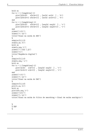 8 Cap´ıtulo 1. Conceitos b´asicos
hold on
for k = 1:(length(xs)-1)
plot([nTs(k) nTs(k+1)] , [xs(k) xs(k) ] , ’b’)
plot([nTs(k+1) nTs(k+1)] , [xs(k) xs(k+1)] , ’b’)
end
for k = 1:(length(xsq)-1)
plot([nTs(k) nTs(k+1)] , [xsq(k) xsq(k) ] , ’r’)
plot([nTs(k+1) nTs(k+1)] , [xsq(k) xsq(k+1)] , ’r’)
end
ylabel(’c(t)’)
xlabel(’t (s)’)
title(’Sinal na sa´ıda do ADC’)
%
subplot(3,2,2)
stem(n,xs,’k’)
hold on
stem(n,xsq,’r’)
ylabel(’[ x[n] ]_Q’)
xlabel(’n’)
title(’Sequ^encia digital’)
%
subplot(3,2,4)
stem(n,xsq,’:r’)
hold on
for k = 1:(length(xsq)-1)
plot([n(k) n(k+1)] , [xsq(k) xsq(k) ] , ’r’)
plot([n(k+1) n(k+1)] , [xsq(k) xsq(k+1)] , ’r’)
end
ylabel(’c(t)’)
xlabel(’t (s)’)
title(’Sinal na sa´ıda do DAC’)
%
subplot(3,2,6)
plot(t,xa,’k’)
hold on
plot(nTs,xsq,’r’)
ylabel(’x(t)’)
xlabel(’t (s)’)
title(’Sinal na sa´ıda do filtro de smoothing = Sinal de sa´ıda anal´ogico’)
%
% EOF
%
A.S.V.
 