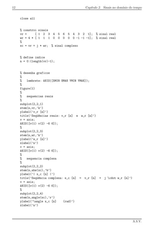 12 Cap´ıtulo 2. Sinais no dom´ınio do tempo
close all
% constroi sinais
vr = [ 1 2 3 4 5 6 5 4 3 2 1]; % sinal real
wr = 4 * [ 1 1 1 0 0 0 0 0 -1 -1 -1]; % sinal real
%
xc = vr + j * wr; % sinal complexo
% define indice
n = 0:(length(vr)-1);
% desenha graficos
%
% lembrete: AXIS([XMIN XMAX YMIN YMAX]);
%
figure(1)
%
% sequencias reais
%
subplot(2,2,1)
stem(n,vr,’k’)
ylabel(’v_r [n]’)
title(’Seq¨u^encias reais: v_r [n] e w_r [n]’)
v = axis;
AXIS([v(1) v(2) -6 6]);
%
subplot(2,2,3)
stem(n,wr,’k’)
ylabel(’w_r [n]’)
xlabel(’n’)
v = axis;
AXIS([v(1) v(2) -6 6]);
%
% sequencia complexa
%
subplot(2,2,2)
stem(n,abs(xc),’b’)
ylabel(’| x_c [n] |’)
title(’Seq¨u^encia complexa: x_c [n] = v_r [n] + j cdot w_r [n]’)
v = axis;
AXIS([v(1) v(2) -6 6]);
%
subplot(2,2,4)
stem(n,angle(xc),’r’)
ylabel(’angle x_c [n] (rad)’)
xlabel(’n’)
A.S.V.
 