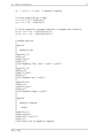 2.2. Tipos de seq¨uˆencias 17
xc = (x_re + j * x_im); % sequencia complexa
% calcula sequencias par e impar
x_e = 0.5 * (xr + fliplr(xr));
x_o = 0.5 * (xr - fliplr(xr));
% calcula sequencias conjugada simetrica e conjugada anti-simetrica
xc_cs = 0.5 * (xc + conj(fliplr(xc)));
xc_ca = 0.5 * (xc - conj(fliplr(xc)));
% desenha graficos
%
figure(1)
%
% sequencia real
%
subplot(3,1,1)
stem(n,xr)
ylabel(’x[n]’)
xlabel(’n’)
title(’Sequ^encia real: x[n] = x_e[n] + x_o[n]’)
%
subplot(3,1,2)
stem(n,x_e)
ylabel(’x_e[n]’)
xlabel(’n’)
title(’Sequ^encia par: x_e[n]’)
%
subplot(3,1,3)
stem(n,x_o)
ylabel(’x_o[n]’)
xlabel(’n’)
title(’Sequ^encia ´ımpar: x_o[n]’)
%
%
figure(2)
%
% sequencia complexa
%
% modulo
%
subplot(3,2,1)
stem(n,real(xc))
ylabel(’Re { x[n] }’)
xlabel(’n’)
title(’Parte real da sequ^encia complexa:
TET / UFF
 