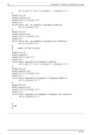 18 Cap´ıtulo 2. Sinais no dom´ınio do tempo
Re { x[n] } = Re { x_{cs}[n] + x_{ca}[n] } ’)
%
subplot(3,2,3)
stem(n,real(xc_cs))
ylabel(’Re { x_{cs}[n] }’)
xlabel(’n’)
title(’Parte real da sequ^encia conjugada sim´etrica:
Re { x_{cs}[n] }’)
%
subplot(3,2,5)
stem(n,real(xc_ca))
ylabel(’Re { x_{ca}[n] }’)
xlabel(’n’)
title(’Parte real da sequ^encia conjugada anti-sim´etrica:
Re { x_{ca}[n] }’)
%
% angulo de fase em graus
%
subplot(3,2,2)
stem(n,imag(xc))
ylabel(’Im { x[n] }’)
xlabel(’n’)
title(’Parte imagin´aria da sequ^encia complexa:
Im { x[n] } = Im { x_{cs}[n] + x_{ca}[n] } ’)
%
subplot(3,2,4)
stem(n,imag(xc_cs))
ylabel(’Im { x_{cs}[n] }’)
xlabel(’n’)
title(’Parte imagin´aria da sequ^encia conjugada sim´etrica:
Im { x_{cs}[n] } ’)
%
subplot(3,2,6)
stem(n,imag(xc_ca))
ylabel(’Im { x_{ca}[n] }’)
xlabel(’n’)
title(’Parte imagin´aria da sequ^encia conjugada anti-sim´etrica:
Im { x_{ca}[n] } ’)
%
% EOF
%
A.S.V.
 