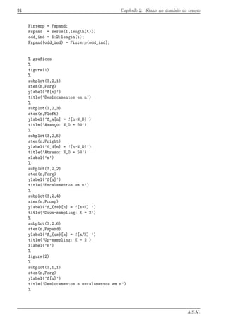 24 Cap´ıtulo 2. Sinais no dom´ınio do tempo
Finterp = Fxpand;
Fxpand = zeros(1,length(t));
odd_ind = 1:2:length(t);
Fxpand(odd_ind) = Finterp(odd_ind);
% graficos
%
figure(1)
%
subplot(3,2,1)
stem(n,Forg)
ylabel(’f[n]’)
title(’Deslocamentos em n’)
%
subplot(3,2,3)
stem(n,Fleft)
ylabel(’f_a[n] = f[n+N_D]’)
title(’Avan¸co: N_D = 50’)
%
subplot(3,2,5)
stem(n,Fright)
ylabel(’f_d[n] = f[n-N_D]’)
title(’Atraso: N_D = 50’)
xlabel(’n’)
%
subplot(3,2,2)
stem(n,Forg)
ylabel(’f[n]’)
title(’Escalamentos em n’)
%
subplot(3,2,4)
stem(n,Fcomp)
ylabel(’f_{ds}[n] = f[n*K] ’)
title(’Down-sampling: K = 2’)
%
subplot(3,2,6)
stem(n,Fxpand)
ylabel(’f_{us}[n] = f[n/K] ’)
title(’Up-sampling: K = 2’)
xlabel(’n’)
%
figure(2)
%
subplot(3,1,1)
stem(n,Forg)
ylabel(’f[n]’)
title(’Deslocamentos e escalamentos em n’)
%
A.S.V.
 