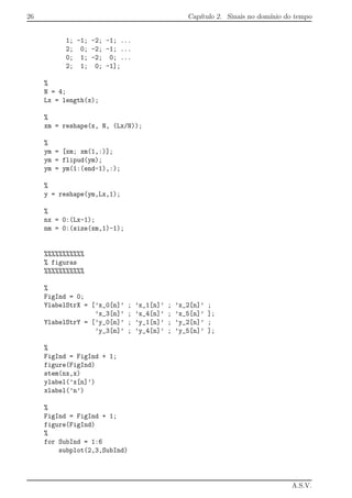 26 Cap´ıtulo 2. Sinais no dom´ınio do tempo
1; -1; -2; -1; ...
2; 0; -2; -1; ...
0; 1; -2; 0; ...
2; 1; 0; -1];
%
N = 4;
Lx = length(x);
%
xm = reshape(x, N, (Lx/N));
%
ym = [xm; xm(1,:)];
ym = flipud(ym);
ym = ym(1:(end-1),:);
%
y = reshape(ym,Lx,1);
%
nx = 0:(Lx-1);
nm = 0:(size(xm,1)-1);
%%%%%%%%%%%
% figuras
%%%%%%%%%%%
%
FigInd = 0;
YlabelStrX = [’x_0[n]’ ; ’x_1[n]’ ; ’x_2[n]’ ;
’x_3[n]’ ; ’x_4[n]’ ; ’x_5[n]’ ];
YlabelStrY = [’y_0[n]’ ; ’y_1[n]’ ; ’y_2[n]’ ;
’y_3[n]’ ; ’y_4[n]’ ; ’y_5[n]’ ];
%
FigInd = FigInd + 1;
figure(FigInd)
stem(nx,x)
ylabel(’x[n]’)
xlabel(’n’)
%
FigInd = FigInd + 1;
figure(FigInd)
%
for SubInd = 1:6
subplot(2,3,SubInd)
A.S.V.
 