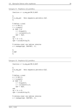 2.3. Opera¸c˜oes b´asicas sobre seq¨uˆencias 29
Listagem 11 - Seq¨uˆencia x[n] peri´odica:
function s = x_seq_per(Nf,D,NoP)
%
% x_seq_per Gera sequencia periodica x[n].
%
% define o sinal
n = 0:(Nf-1);
v = x_seq(n);
if (NoP < 0)
v = flipud(v);
v = circshift(v,1);
NoP = -NoP;
end
vp = [v v v];
vpd = circshift(vp,D);
% retorna sinal com indices inteiros
s = reshape(vpd, (NoP*Nf), 1);
%
% EOF
%
Listagem 12 - Seq¨uˆencia h[n] peri´odica:
function s = h_seq_per(Nf,D,NoP)
%
% h_seq_per Gera sequencia periodica h[n].
%
% define o sinal
n = 0:(Nf-1);
v = h_seq(n);
if (NoP < 0)
v = flipud(v);
v = circshift(v,1);
NoP = -NoP;
end
vp = [v v v];
vpd = circshift(vp,D);
% retorna sinal com indices inteiros
s = reshape(vpd, (NoP*Nf), 1);
TET / UFF
 