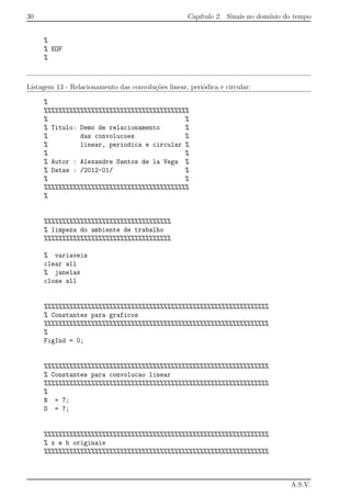 30 Cap´ıtulo 2. Sinais no dom´ınio do tempo
%
% EOF
%
Listagem 13 - Relacionamento das convolu¸c˜oes linear, peri´odica e circular:
%
%%%%%%%%%%%%%%%%%%%%%%%%%%%%%%%%%%%%%%%%
% %
% Titulo: Demo de relacionamento %
% das convolucoes %
% linear, periodica e circular %
% %
% Autor : Alexandre Santos de la Vega %
% Datas : /2012-01/ %
% %
%%%%%%%%%%%%%%%%%%%%%%%%%%%%%%%%%%%%%%%%
%
%%%%%%%%%%%%%%%%%%%%%%%%%%%%%%%%%%%
% limpeza do ambiente de trabalho
%%%%%%%%%%%%%%%%%%%%%%%%%%%%%%%%%%%
% variaveis
clear all
% janelas
close all
%%%%%%%%%%%%%%%%%%%%%%%%%%%%%%%%%%%%%%%%%%%%%%%%%%%%%%%%%%%%%%
% Constantes para graficos
%%%%%%%%%%%%%%%%%%%%%%%%%%%%%%%%%%%%%%%%%%%%%%%%%%%%%%%%%%%%%%
%
FigInd = 0;
%%%%%%%%%%%%%%%%%%%%%%%%%%%%%%%%%%%%%%%%%%%%%%%%%%%%%%%%%%%%%%
% Constantes para convolucao linear
%%%%%%%%%%%%%%%%%%%%%%%%%%%%%%%%%%%%%%%%%%%%%%%%%%%%%%%%%%%%%%
%
N = 7;
D = 7;
%%%%%%%%%%%%%%%%%%%%%%%%%%%%%%%%%%%%%%%%%%%%%%%%%%%%%%%%%%%%%%
% x e h originais
%%%%%%%%%%%%%%%%%%%%%%%%%%%%%%%%%%%%%%%%%%%%%%%%%%%%%%%%%%%%%%
A.S.V.
 