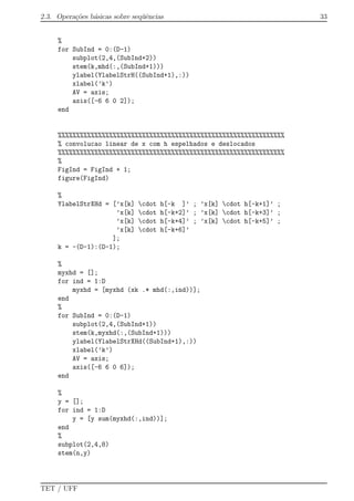2.3. Opera¸c˜oes b´asicas sobre seq¨uˆencias 33
%
for SubInd = 0:(D-1)
subplot(2,4,(SubInd+2))
stem(k,mhd(:,(SubInd+1)))
ylabel(YlabelStrH((SubInd+1),:))
xlabel(’k’)
AV = axis;
axis([-6 6 0 2]);
end
%%%%%%%%%%%%%%%%%%%%%%%%%%%%%%%%%%%%%%%%%%%%%%%%%%%%%%%%%%%%%%
% convolucao linear de x com h espelhados e deslocados
%%%%%%%%%%%%%%%%%%%%%%%%%%%%%%%%%%%%%%%%%%%%%%%%%%%%%%%%%%%%%%
%
FigInd = FigInd + 1;
figure(FigInd)
%
YlabelStrXHd = [’x[k] cdot h[-k ]’ ; ’x[k] cdot h[-k+1]’ ;
’x[k] cdot h[-k+2]’ ; ’x[k] cdot h[-k+3]’ ;
’x[k] cdot h[-k+4]’ ; ’x[k] cdot h[-k+5]’ ;
’x[k] cdot h[-k+6]’
];
k = -(D-1):(D-1);
%
myxhd = [];
for ind = 1:D
myxhd = [myxhd (xk .* mhd(:,ind))];
end
%
for SubInd = 0:(D-1)
subplot(2,4,(SubInd+1))
stem(k,myxhd(:,(SubInd+1)))
ylabel(YlabelStrXHd((SubInd+1),:))
xlabel(’k’)
AV = axis;
axis([-6 6 0 6]);
end
%
y = [];
for ind = 1:D
y = [y sum(myxhd(:,ind))];
end
%
subplot(2,4,8)
stem(n,y)
TET / UFF
 