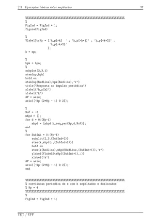 2.3. Opera¸c˜oes b´asicas sobre seq¨uˆencias 37
%%%%%%%%%%%%%%%%%%%%%%%%%%%%%%%%%%%%%%%%%%%%%%%%%%%%%%%%%%%%%%
%
FigInd = FigInd + 1;
figure(FigInd)
%
YlabelStrHp = [’h_p[-k] ’ ; ’h_p[-k+1]’ ; ’h_p[-k+2]’ ;
’h_p[-k+3]’
];
k = np;
%
hpk = hpn;
%
subplot(2,3,1)
stem(np,hpk)
hold on
stem(np(RedLine),hpk(RedLine),’r’)
title(’Resposta ao impulso peri´odica’)
ylabel(’h_p[k]’)
xlabel(’k’)
AV = axis;
axis([-Np (2*Np - 1) 0 2]);
%
NoP = -3;
mhpd = [];
for d = 0:(Np-1)
mhpd = [mhpd h_seq_per(Np,d,NoP)];
end
%
for SubInd = 0:(Np-1)
subplot(2,3,(SubInd+2))
stem(k,mhpd(:,(SubInd+1)))
hold on
stem(k(RedLine),mhpd(RedLine,(SubInd+1)),’r’)
ylabel(YlabelStrHp((SubInd+1),:))
xlabel(’k’)
AV = axis;
axis([-Np (2*Np - 1) 0 2]);
end
%%%%%%%%%%%%%%%%%%%%%%%%%%%%%%%%%%%%%%%%%%%%%%%%%%%%%%%%%%%%%%
% convolucao periodica de x com h espelhados e deslocados
% Np = 4
%%%%%%%%%%%%%%%%%%%%%%%%%%%%%%%%%%%%%%%%%%%%%%%%%%%%%%%%%%%%%%
%
FigInd = FigInd + 1;
TET / UFF
 