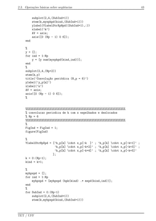 2.3. Opera¸c˜oes b´asicas sobre seq¨uˆencias 43
subplot(2,4,(SubInd+1))
stem(k,myxphpd(kind,(SubInd+1)))
ylabel(YlabelStrXpHpd((SubInd+1),:))
xlabel(’k’)
AV = axis;
axis([0 (Np - 1) 0 6]);
end
%
y = [];
for ind = 1:Np
y = [y sum(myxphpd(kind,ind))];
end
%
subplot(2,4,(Np+2))
stem(k,y)
title(’Convolu¸c~ao peri´odica (N_p = 6)’)
ylabel(’y_p[n]’)
xlabel(’n’)
AV = axis;
axis([0 (Np - 1) 0 6]);
%
%%%%%%%%%%%%%%%%%%%%%%%%%%%%%%%%%%%%%%%%%%%%%%%%%%%%%%%%%%%%%%
% convolucao periodica de h com x espelhados e deslocados
% Np = 6
%%%%%%%%%%%%%%%%%%%%%%%%%%%%%%%%%%%%%%%%%%%%%%%%%%%%%%%%%%%%%%
%
FigInd = FigInd + 1;
figure(FigInd)
%
YlabelStrHpXpd = [’h_p[k] cdot x_p[-k ]’ ; ’h_p[k] cdot x_p[-k+1]’ ;
’h_p[k] cdot x_p[-k+2]’ ; ’h_p[k] cdot x_p[-k+3]’ ;
’h_p[k] cdot x_p[-k+4]’ ; ’h_p[k] cdot x_p[-k+5]’
];
k = 0:(Np-1);
kind = k+1;
%
myhpxpd = [];
for ind = 1:Np
myhpxpd = [myhpxpd (hpk(kind) .* mxpd(kind,ind))];
end
%
for SubInd = 0:(Np-1)
subplot(2,4,(SubInd+1))
stem(k,myhpxpd(kind,(SubInd+1)))
TET / UFF
 