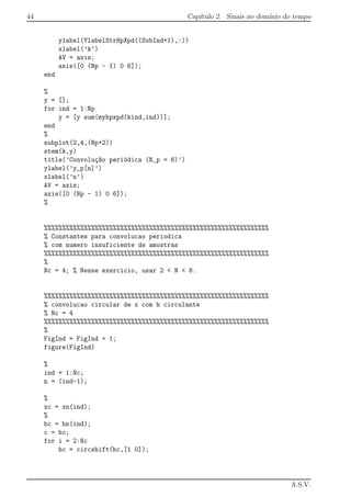 44 Cap´ıtulo 2. Sinais no dom´ınio do tempo
ylabel(YlabelStrHpXpd((SubInd+1),:))
xlabel(’k’)
AV = axis;
axis([0 (Np - 1) 0 6]);
end
%
y = [];
for ind = 1:Np
y = [y sum(myhpxpd(kind,ind))];
end
%
subplot(2,4,(Np+2))
stem(k,y)
title(’Convolu¸c~ao peri´odica (N_p = 6)’)
ylabel(’y_p[n]’)
xlabel(’n’)
AV = axis;
axis([0 (Np - 1) 0 6]);
%
%%%%%%%%%%%%%%%%%%%%%%%%%%%%%%%%%%%%%%%%%%%%%%%%%%%%%%%%%%%%%%
% Constantes para convolucao periodica
% com numero insuficiente de amostras
%%%%%%%%%%%%%%%%%%%%%%%%%%%%%%%%%%%%%%%%%%%%%%%%%%%%%%%%%%%%%%
%
Nc = 4; % Nesse exercicio, usar 2 < N < 8.
%%%%%%%%%%%%%%%%%%%%%%%%%%%%%%%%%%%%%%%%%%%%%%%%%%%%%%%%%%%%%%
% convolucao circular de x com h circulante
% Nc = 4
%%%%%%%%%%%%%%%%%%%%%%%%%%%%%%%%%%%%%%%%%%%%%%%%%%%%%%%%%%%%%%
%
FigInd = FigInd + 1;
figure(FigInd)
%
ind = 1:Nc;
n = (ind-1);
%
xc = xn(ind);
%
hc = hn(ind);
c = hc;
for i = 2:Nc
hc = circshift(hc,[1 0]);
A.S.V.
 