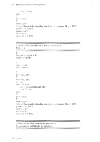 2.3. Opera¸c˜oes b´asicas sobre seq¨uˆencias 45
c = [c hc];
end
%
yc = c*xc;
%
stem(n,yc)
title(’Convolu¸c~ao circular com h[n] circulante (N_c = 4)’)
ylabel(’y_c[n]’)
xlabel(’n’)
AV = axis;
axis([0 5 0 6]);
%%%%%%%%%%%%%%%%%%%%%%%%%%%%%%%%%%%%%%%%%%%%%%%%%%%%%%%%%%%%%%
% convolucao circular de h com x circulante
% Nc = 4
%%%%%%%%%%%%%%%%%%%%%%%%%%%%%%%%%%%%%%%%%%%%%%%%%%%%%%%%%%%%%%
%
FigInd = FigInd + 1;
figure(FigInd)
%
ind = 1:Nc;
n = (ind-1);
%
hc = hn(ind);
%
xc = xn(ind);
c = xc;
for i = 2:Nc
xc = circshift(xc,[1 0]);
c = [c xc];
end
%
yc = c*hc;
%
stem(n,yc)
title(’Convolu¸c~ao circular com x[n] circulante (N_c = 4)’)
ylabel(’y_c[n]’)
xlabel(’n’)
AV = axis;
axis([0 5 0 6]);
%%%%%%%%%%%%%%%%%%%%%%%%%%%%%%%%%%%%%%%%%%%%%%%%%%%%%%%%%%%%%%
% Constantes para convolucao periodica
% com numero suficiente de amostras
%%%%%%%%%%%%%%%%%%%%%%%%%%%%%%%%%%%%%%%%%%%%%%%%%%%%%%%%%%%%%%
TET / UFF
 