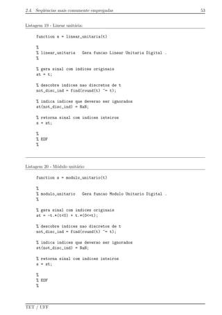 2.4. Seq¨uˆencias mais comumente empregadas 53
Listagem 19 - Linear unit´aria:
function s = linear_unitaria(t)
%
% linear_unitaria Gera funcao Linear Unitaria Digital .
%
% gera sinal com indices originais
st = t;
% descobre indices nao discretos de t
not_disc_ind = find(round(t) ~= t);
% indica indices que deverao ser ignorados
st(not_disc_ind) = NaN;
% retorna sinal com indices inteiros
s = st;
%
% EOF
%
Listagem 20 - M´odulo unit´ario:
function s = modulo_unitario(t)
%
% modulo_unitario Gera funcao Modulo Unitario Digital .
%
% gera sinal com indices originais
st = -t.*(t<0) + t.*(0<=t);
% descobre indices nao discretos de t
not_disc_ind = find(round(t) ~= t);
% indica indices que deverao ser ignorados
st(not_disc_ind) = NaN;
% retorna sinal com indices inteiros
s = st;
%
% EOF
%
TET / UFF
 