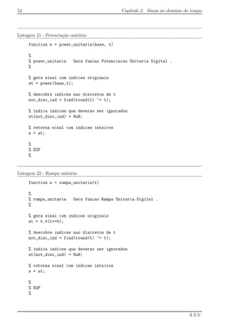 54 Cap´ıtulo 2. Sinais no dom´ınio do tempo
Listagem 21 - Potencia¸c˜ao unit´aria:
function s = power_unitaria(base, t)
%
% power_unitaria Gera funcao Potenciacao Unitaria Digital .
%
% gera sinal com indices originais
st = power(base,t);
% descobre indices nao discretos de t
not_disc_ind = find(round(t) ~= t);
% indica indices que deverao ser ignorados
st(not_disc_ind) = NaN;
% retorna sinal com indices inteiros
s = st;
%
% EOF
%
Listagem 22 - Rampa unit´aria:
function s = rampa_unitaria(t)
%
% rampa_unitaria Gera funcao Rampa Unitaria Digital .
%
% gera sinal com indices originais
st = t.*(t>=0);
% descobre indices nao discretos de t
not_disc_ind = find(round(t) ~= t);
% indica indices que deverao ser ignorados
st(not_disc_ind) = NaN;
% retorna sinal com indices inteiros
s = st;
%
% EOF
%
A.S.V.
 