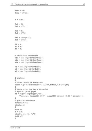2.5. Caracter´ısticas relevantes de exponenciais 67
Femu = 500;
Temu = 1/Femu;
n = 0:30;
Fs1 = 24;
Ts1 = 1/Fs1;
Fs2 = 25;
Ts2 = 1/Fs2;
Fs3 = 10*sqrt(3);
Ts3 = 1/Fs3;
f1 = 3;
f2 = 3;
f3 = 3;
% calculo das sequencias
x1a = cos (2*pi*f1*(ne*Temu));
x2a = cos (2*pi*f2*(ne*Temu));
x3a = cos (2*pi*f3*(ne*Temu));
x1 = cos (2*pi*f1*(n*Ts1));
x2 = cos (2*pi*f2*(n*Ts2));
x3 = cos (2*pi*f3*(n*Ts3));
% graficos
%
% obtem tamanho de fullscreen
scrsz = get(0,’ScreenSize’); %[left,bottom,width,height]
%
% tenta evitar top bar e bottom bar
% ajusta tipo de papel
h1 = figure(’PaperType’,’a4’, ...
’Position’, [scrsz(1) (0.07 * scrsz(4)) scrsz(3) (0.81 * scrsz(4))]);
%
% graficos amostrados
subplot(3,2,2)
stem(n, x1)
%
hold on
r = 0:8;
stem(r, x1(r+1), ’r’)
hold off
%
TET / UFF
 