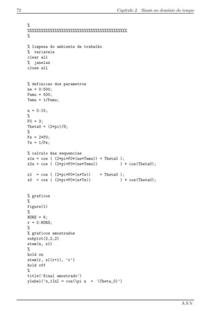 72 Cap´ıtulo 2. Sinais no dom´ınio do tempo
%
%%%%%%%%%%%%%%%%%%%%%%%%%%%%%%%%%%%%%%%%%%%%
%
% limpeza do ambiente de trabalho
% variaveis
clear all
% janelas
close all
% definicao dos parametros
ne = 0:500;
Femu = 500;
Temu = 1/Femu;
n = 0:15;
%
F0 = 3;
Theta0 = (2*pi)/8;
%
Fs = 2*F0;
Ts = 1/Fs;
% calculo das sequencias
x1a = cos ( (2*pi*F0*(ne*Temu)) + Theta0 );
x2a = cos ( (2*pi*F0*(ne*Temu)) ) * cos(Theta0);
x1 = cos ( (2*pi*F0*(n*Ts)) + Theta0 );
x2 = cos ( (2*pi*F0*(n*Ts)) ) * cos(Theta0);
% graficos
%
figure(1)
%
NORS = 6;
r = 0:NORS;
%
% graficos amostrados
subplot(2,2,2)
stem(n, x1)
%
hold on
stem(r, x1(r+1), ’r’)
hold off
%
title(’Sinal amostrado’)
ylabel(’x_1[n] = cos(pi n + Theta_0)’)
A.S.V.
 