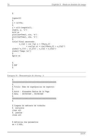 74 Cap´ıtulo 2. Sinais no dom´ınio do tempo
%
figure(2)
%
x = (r)*Ts;
%
y = x1(1:length(x));
stem(x, y, ’r’)
hold on
plot((ne*Temu), x1a, ’k’)
plot((ne*Temu), x2a, ’b’)
%
title(’Sinal amostrado:
x_1[n] = cos (pi n + Theta_0)
= cos(pi n) * cos(Theta_0) = x_2[n]’)
ylabel(’x_1(t) ; x(_2(t) ; x_1[n] = x_2[n]’)
xlabel(’Tempo (s)’)
%
%grid on
%
% EOF
%
Listagem 31 - Demonstra¸c˜ao de aliasing - 1:
%
%%%%%%%%%%%%%%%%%%%%%%%%%%%%%%%%%%%%%%%%%%%%
%
% Titulo: Demo de superposicao de espectro
%
% Autor : Alexandre Santos de la Vega
% Data : 30/03/2k9 ; 03/09/2k9
%
%%%%%%%%%%%%%%%%%%%%%%%%%%%%%%%%%%%%%%%%%%%%
%
% limpeza do ambiente de trabalho
% variaveis
clear all
% janelas
close all
% definicao dos parametros
ne = 0:400;
A.S.V.
 