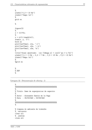 2.5. Caracter´ısticas relevantes de exponenciais 77
%
ylabel(’f_3 = 13 Hz’)
xlabel(’Tempo (s)’)
%
grid on
%
figure(2)
%
x = (r)*Ts;
%
y = x1(1:length(x));
stem(x, y, ’r’)
hold on
plot((ne*Temu), x1a, ’:r’)
plot((ne*Temu), x2a, ’-.b’)
plot((ne*Temu), x3a, ’k’)
%
title(’Sinal amostrado: cos (Omega n) = cos(2 pi f n Ts)’)
ylabel(’f_1 = 3 Hz ; f_2 = 7 Hz ; f_3 = 13 Hz ; F_S = 10 Hz’)
xlabel(’Tempo (s)’)
%
%grid on
%
% EOF
%
Listagem 32 - Demonstra¸c˜ao de aliasing - 2:
%
%%%%%%%%%%%%%%%%%%%%%%%%%%%%%%%%%%%%%%%%%%%%
%
% Titulo: Demo de superposicao de espectro
%
% Autor : Alexandre Santos de la Vega
% Data : 30/03/2k9 ; 03/09/2k9
%
%%%%%%%%%%%%%%%%%%%%%%%%%%%%%%%%%%%%%%%%%%%%
%
% limpeza do ambiente de trabalho
% variaveis
clear all
% janelas
close all
TET / UFF
 