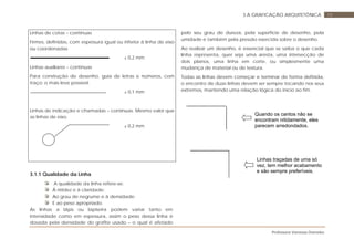 Professora Vanessa Dorneles
143 A GRAFICAÇÃO ARQUITETÔNICA
Linhas de cotas – contínuas
Firmes, definidas, com espessura igual ou inferior à linha de eixo
ou coordenadas
± 0,2 mm
Linhas auxiliares – contínuas
Para construção de desenho, guia de letras e números, com
traço; o mais leve possível.
± 0,1 mm
Linhas de indicação e chamadas – contínuas. Mesmo valor que
as linhas de eixo.
± 0,2 mm
3.1.1 Qualidade da Linha
A qualidade da linha refere-se:
À nitidez e à claridade;
Ao grau de negrume e à densidade;
E ao peso apropriado.
As linhas a lápis ou lapiseira podem variar tanto em
intensidade como em espessura, assim o peso dessa linha é
dosada pela densidade do grafite usado – o qual é afetado
pelo seu grau de dureza, pela superfície de desenho, pela
umidade e também pela pressão exercida sobre o desenho.
Ao realizar um desenho, é essencial que se saiba o que cada
linha representa, quer seja uma aresta, uma intersecção de
dois planos, uma linha em corte, ou simplesmente uma
mudança de material ou de textura.
Todas as linhas devem começar e terminar de forma definida,
o encontro de duas linhas devem ser sempre tocando nos seus
extremos, mantendo uma relação lógica do início ao fim.
Quando os cantos não se
encontram nitidamente, eles
parecem arredondados.
Linhas traçadas de uma só
vez, tem melhor acabamento
e são sempre preferíveis.
 