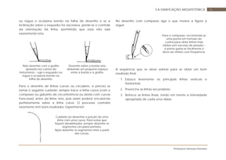 Professora Vanessa Dorneles
163 A GRAFICAÇÃO ARQUITETÔNICA
ou régua e ocasiona borrão na folha de desenho e se a
inclinação sobre o esquadro for excessiva, perde-se o controle
da orientação da linha, permitindo que essa não saia
exatamente reta.
Não desenhe com o grafite
apoiado nos cantos do
instrumento – suja o esquadro ou
régua e ocasiona borrão na
folha de desenho.
Desenhe sobre a borda reta,
deixando um pequeno espaço
entre a borda e a grafite.
Para o desenho de linhas curvas ou circulares, é preciso se
tomar o seguinte cuidado: sempre trace a linha curva (com o
compasso ou gabarito de circunferência ou ainda com curvas
francesas) antes da linha reta, pois assim poderá encaixá-las
perfeitamente sobre a linha curva. O processo contrário
raramente tem bons resultados. Experimente!
Cuidado ao desenhar a junção de uma
linha com uma curva. Para evitar que
fiquem desalinhados: sempre desenhe os
segmentos circulares primeiro.
Após desenhe os segmentos retos a partir
das curvas.
No desenho com compasso siga o que mostra a figura a
seguir:
Para o compasso, recomenda-se
uma ponta em formato de
cunha para obter linhas mais
nítidas sem excesso de pressão –
a ponta gasta-se facilmente e
deve ser refeita com freqüência.
A seqüência que se deve adotar para se obter um bom
resultado final:
1. Esboce levemente as principais linhas verticais e
horizontais;
2. Preencha as linhas secundárias;
3. Reforce as linhas finais, tendo em mente a intensidade
apropriada de cada uma delas.
 