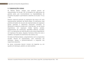 Baseada na apostila Professores Denise Schuler, Heitor Othelo Jorge Filho, José Aloísio Meulam Filho - FAG
41 Apostila de Desenho Arquitetônico
5.7 OBSERVAÇÕES GERAIS
As Plantas Baixas, sempre que possível devem ser
representadas na escala 1:50. Em projetos de edificações de
grande porte, por inconveniência ou impossibilidade de
tamanho do papel, é permissível o desenho na escala 1:75 ou
1:100.
Dedicar especial atenção às espessuras dos traços em uma
representação definitiva de Planta Baixa. Os elementos mais
próximos do plano de secção são representados em espessura
grossa (paredes e elementos estruturais cortados); os
elementos a distância média até o nível do piso, ou de menos
importância, em espessura média (portas, janelas,
equipamentos de construção, aparelhos elétricos, escadas,
etc); e os elementos ao nível do piso ou de menor importância,
em espessura fina (pisos, degraus, hachuras, linhas de cota e
auxiliares, tracejados de elementos não visíveis, etc).
Os títulos da Plantas Baixas, conjuntamente com as respectivas
escalas, devem ser posicionados, com caracteres em
destaque, abaixo e preferencialmente à esquerda dos
respectivos desenhos.
As áreas construídas devem constar em legenda ou em
quadro em destaque, próximo ao selo/carimbo.
 