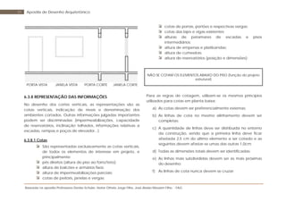 Baseada na apostila Professores Denise Schuler, Heitor Othelo Jorge Filho, José Aloísio Meulam Filho - FAG
47 Apostila de Desenho Arquitetônico
PORTA VISTA JANELA VISTA PORTA CORTE JANELA CORTE
6.3.8 REPRESENTAÇÃO DAS INFORMAÇÕES
No desenho dos cortes verticais, as representações são as
cotas verticais, indicação de níveis e denominação dos
ambientes cortados. Outras informações julgadas importantes
podem ser discriminadas (impermeabilizações, capacidade
de reservatórios, inclinação telhados, informações relativas a
escadas, rampas e poços de elevador...)
6.3.8.1 Cotas
São representadas exclusivamente as cotas verticais,
de todos os elementos de interesse em projeto, e
principalmente:
pés direitos (altura do piso ao forro/teto);
altura de balcões e armários fixos;
altura de impermeabilizações parciais;
cotas de peitoris, janelas e vergas;
cotas de portas, portões e respectivas vergas;
cotas das lajes e vigas existentes;
alturas de patamares de escadas e pisos
intermediários;
altura de empenas e platibandas;
altura de cumeeiras;
altura de reservatórios (posição e dimensões);
NÃO SE COTAM OS ELEMENTOS ABAIXO DO PISO (função do projeto
estrutural)
Para as regras de cotagem, utilizam-se os mesmos princípios
utilizados para cotas em planta baixa:
a) As cotas devem ser preferencialmente externas;
b) As linhas de cota no mesmo alinhamento devem ser
completas;
c) A quantidade de linhas deve ser distribuída no entorno
da construção, sendo que a primeira linha deve ficar
afastada 2,5 cm do último elemento a ser cotado e as
seguintes devem afastar-se umas das outras 1,0cm;
d) Todas as dimensões totais devem ser identificadas;
e) As linhas mais subdivididas devem ser as mais próximas
do desenho;
f) As linhas de cota nunca devem se cruzar;
 